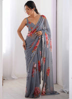 Vegaa Fashion Grey Georgette Silk Printed Moti Work Border Designer Saree - Distacart