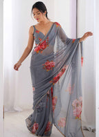Vegaa Fashion Grey Georgette Silk Printed Moti Work Border Designer Saree - Distacart