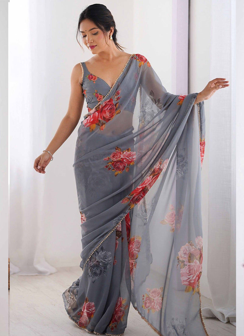 Vegaa Fashion Grey Georgette Silk Printed Moti Work Border Designer Saree - Distacart