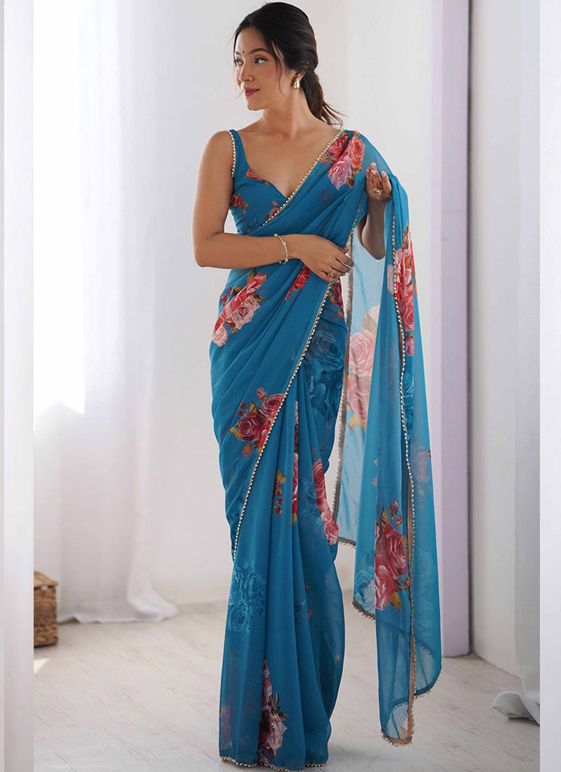 Vegaa Fashion Sky Blue Georgette Silk Printed Moti Work Border Designer Saree - Distacart