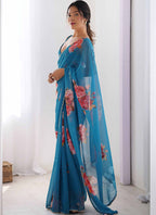 Vegaa Fashion Sky Blue Georgette Silk Printed Moti Work Border Designer Saree - Distacart