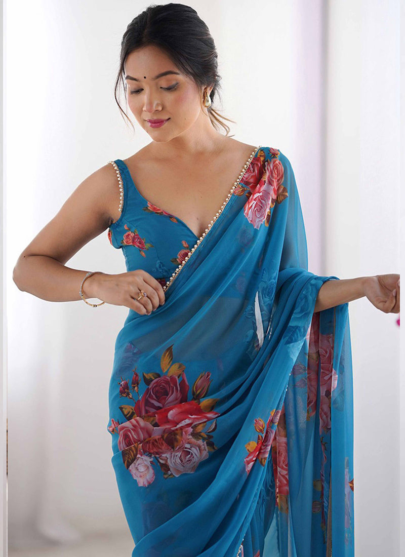 Vegaa Fashion Sky Blue Georgette Silk Printed Moti Work Border Designer Saree - Distacart