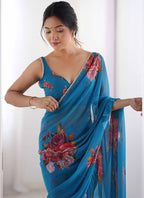 Vegaa Fashion Sky Blue Georgette Silk Printed Moti Work Border Designer Saree - Distacart