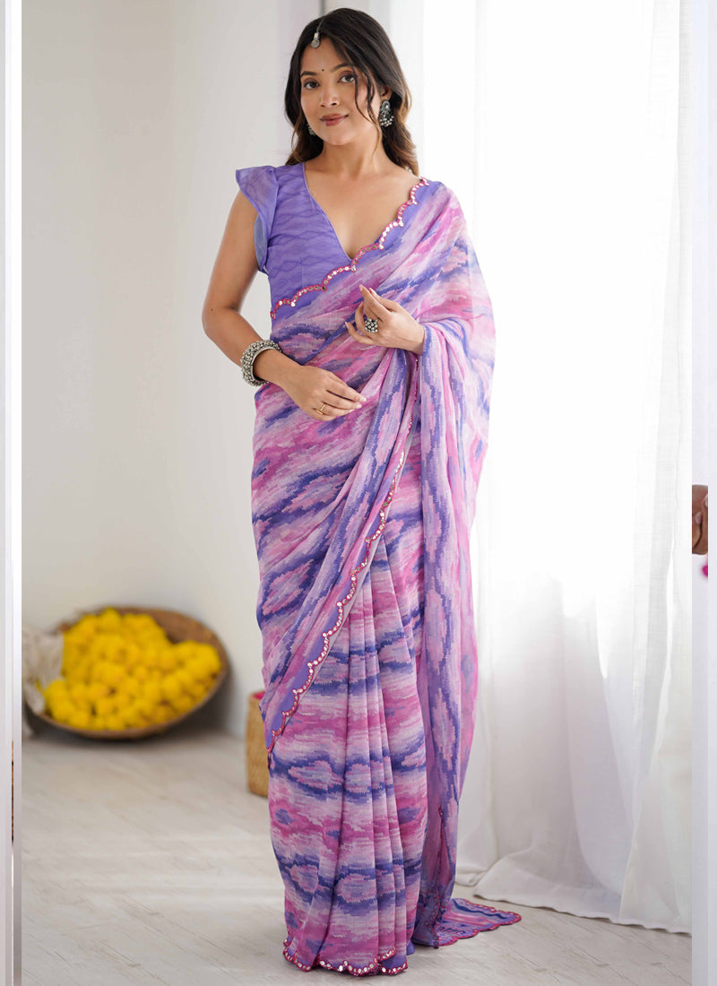 Vegaa Fashion Lavender Georgette Printed Mirror Work Border Designer Saree - Distacart