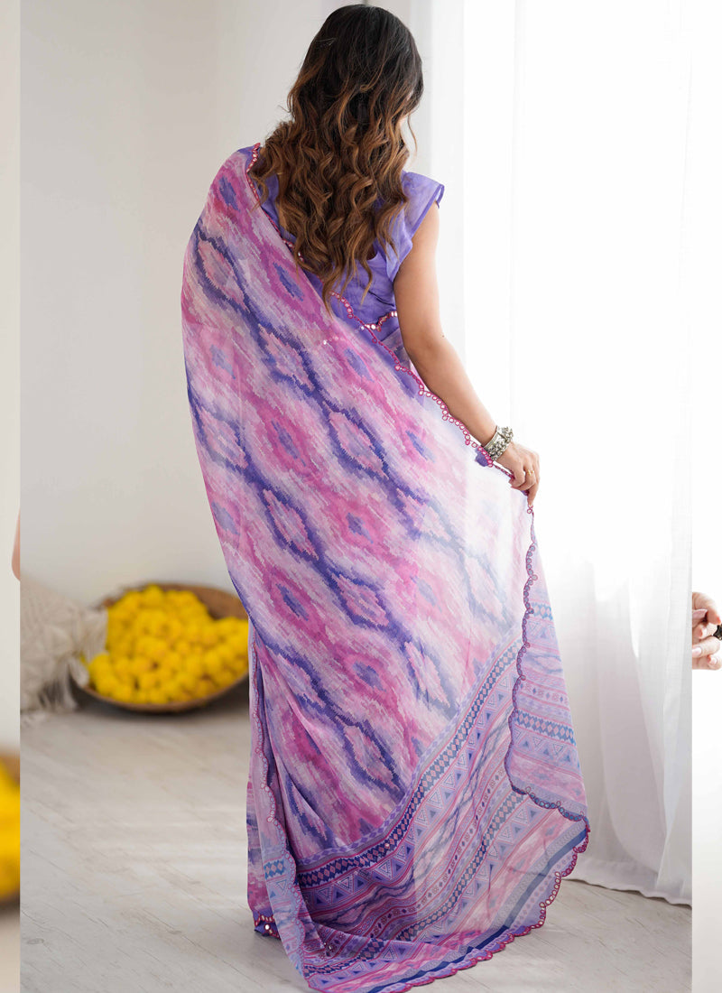 Vegaa Fashion Lavender Georgette Printed Mirror Work Border Designer Saree - Distacart
