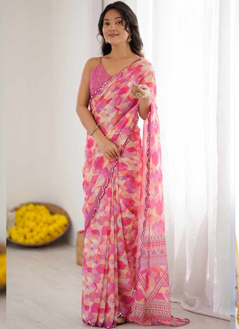 Vegaa Fashion Pink Georgette Printed Mirror Work Border Designer Saree - Distacart