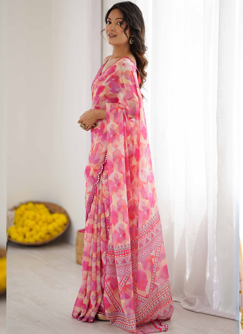 Vegaa Fashion Pink Georgette Printed Mirror Work Border Designer Saree - Distacart
