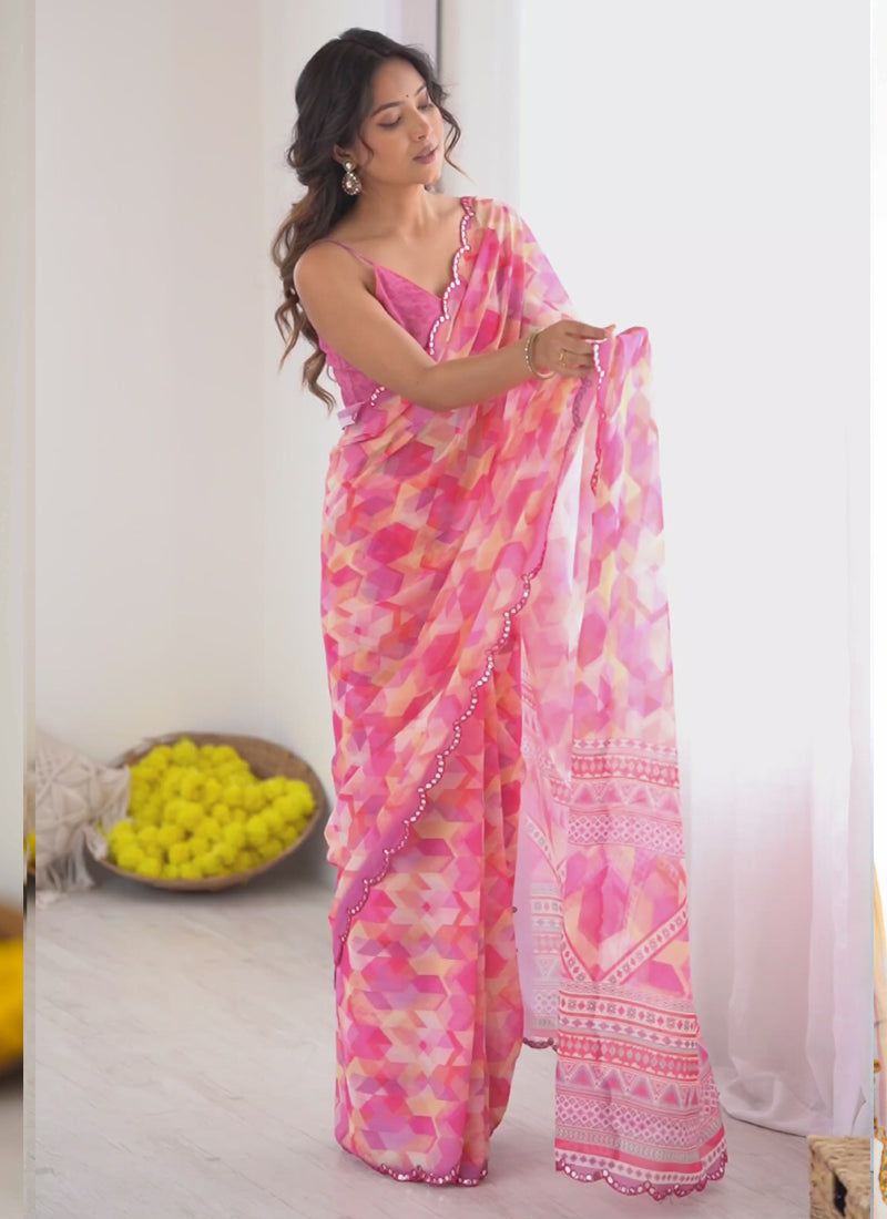 Vegaa Fashion Pink Georgette Printed Mirror Work Border Designer Saree - Distacart
