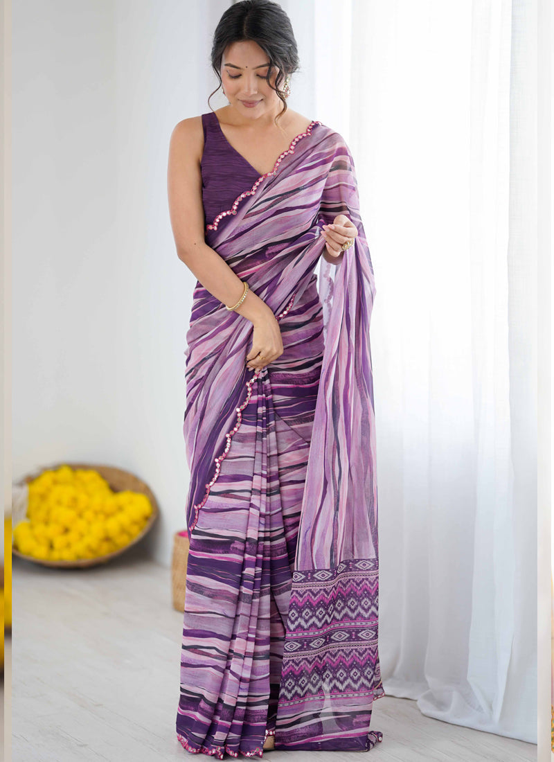 Vegaa Fashion Purple Georgette Printed Mirror Work Border Designer Saree - Distacart