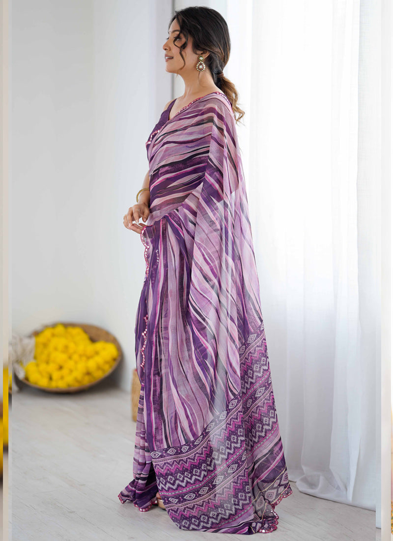 Vegaa Fashion Purple Georgette Printed Mirror Work Border Designer Saree - Distacart