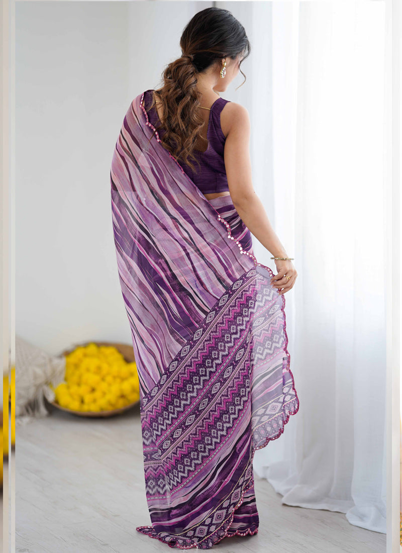 Vegaa Fashion Purple Georgette Printed Mirror Work Border Designer Saree - Distacart
