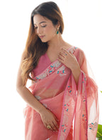 Vegaa Fashion Peach Organza Thread Work Color Tone Fabric Party Wear Saree - Distacart