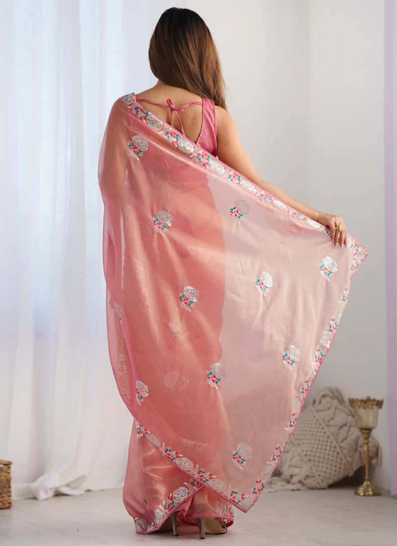 Vegaa Fashion Peach Organza Thread Work Color Tone Fabric Party Wear Saree - Distacart