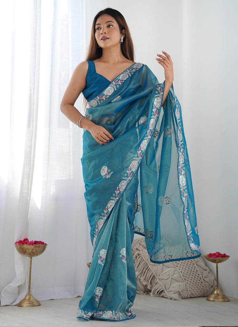 Vegaa Fashion Rama Organza Thread Work Color Tone Fabric Party Wear Saree - Distacart