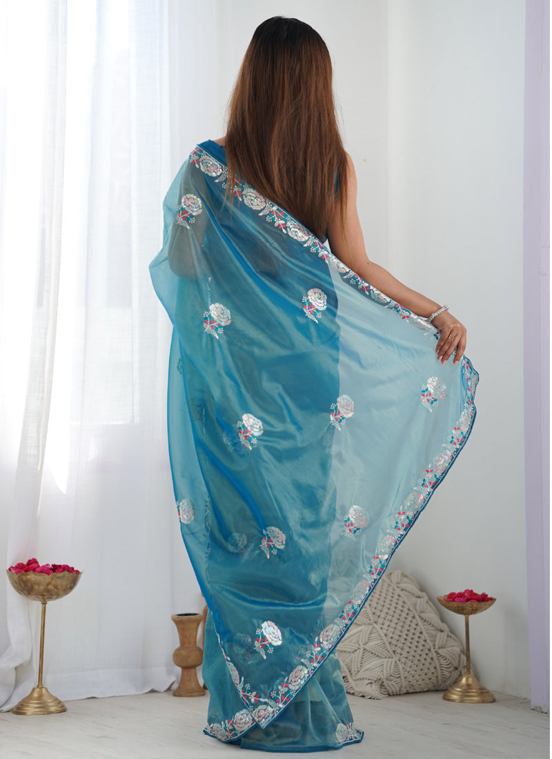 Vegaa Fashion Rama Organza Thread Work Color Tone Fabric Party Wear Saree - Distacart