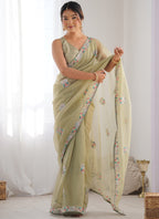 Vegaa Fashion Olive Green Organza Thread Work Color Tone Fabric Party Wear Saree - Distacart