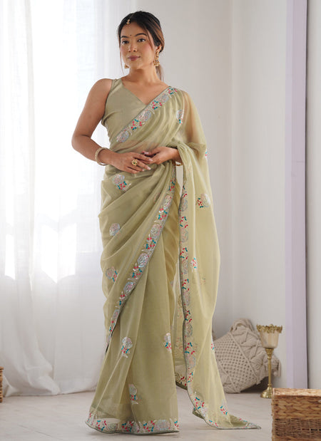 Vegaa Fashion Olive Green Organza Thread Work Color Tone Fabric Party Wear Saree
