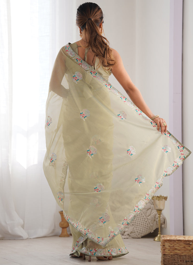 Vegaa Fashion Olive Green Organza Thread Work Color Tone Fabric Party Wear Saree - Distacart