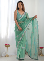 Vegaa Fashion Turquoise Organza Thread Work Color Tone Fabric Party Wear Saree - Distacart