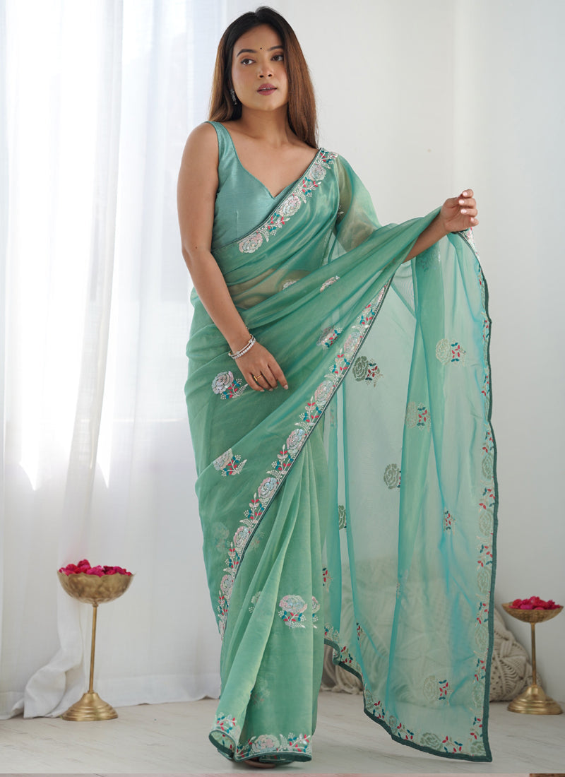 Vegaa Fashion Turquoise Organza Thread Work Color Tone Fabric Party Wear Saree - Distacart