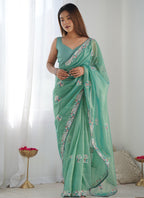 Vegaa Fashion Turquoise Organza Thread Work Color Tone Fabric Party Wear Saree - Distacart
