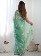 Vegaa Fashion Turquoise Organza Thread Work Color Tone Fabric Party Wear Saree - Distacart