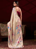 Vegaa Fashion Cream Satin Silk Digital Printed Pearl Lace Border Work Saree - Distacart