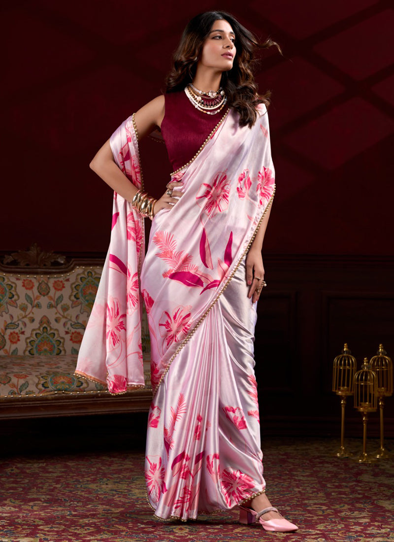 Vegaa Fashion Light Pink Satin Silk Digital Printed Pearl Lace Border Work Saree - Distacart