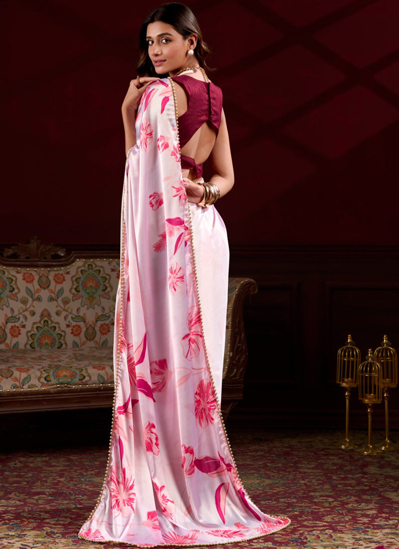 Vegaa Fashion Light Pink Satin Silk Digital Printed Pearl Lace Border Work Saree - Distacart