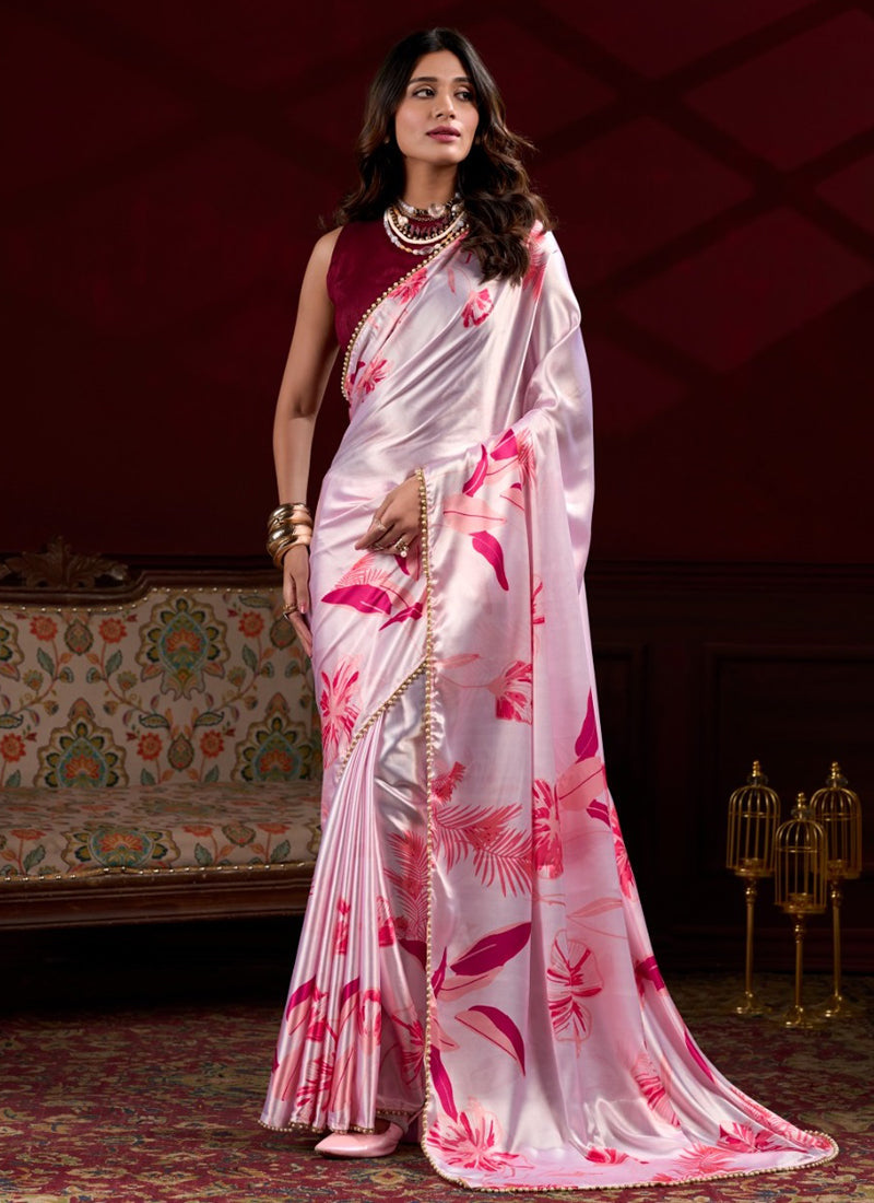 Vegaa Fashion Light Pink Satin Silk Digital Printed Pearl Lace Border Work Saree - Distacart