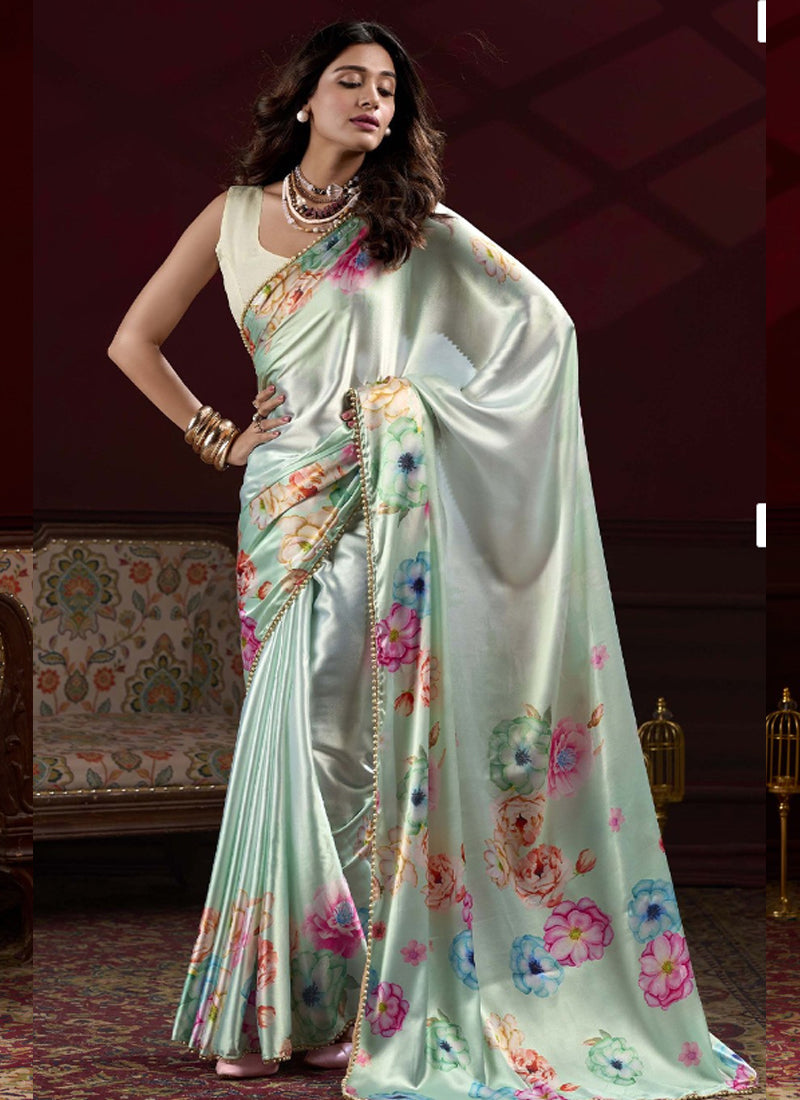 Vegaa Fashion Light Green Satin Silk Digital Printed Pearl Lace Border Work Saree - Distacart