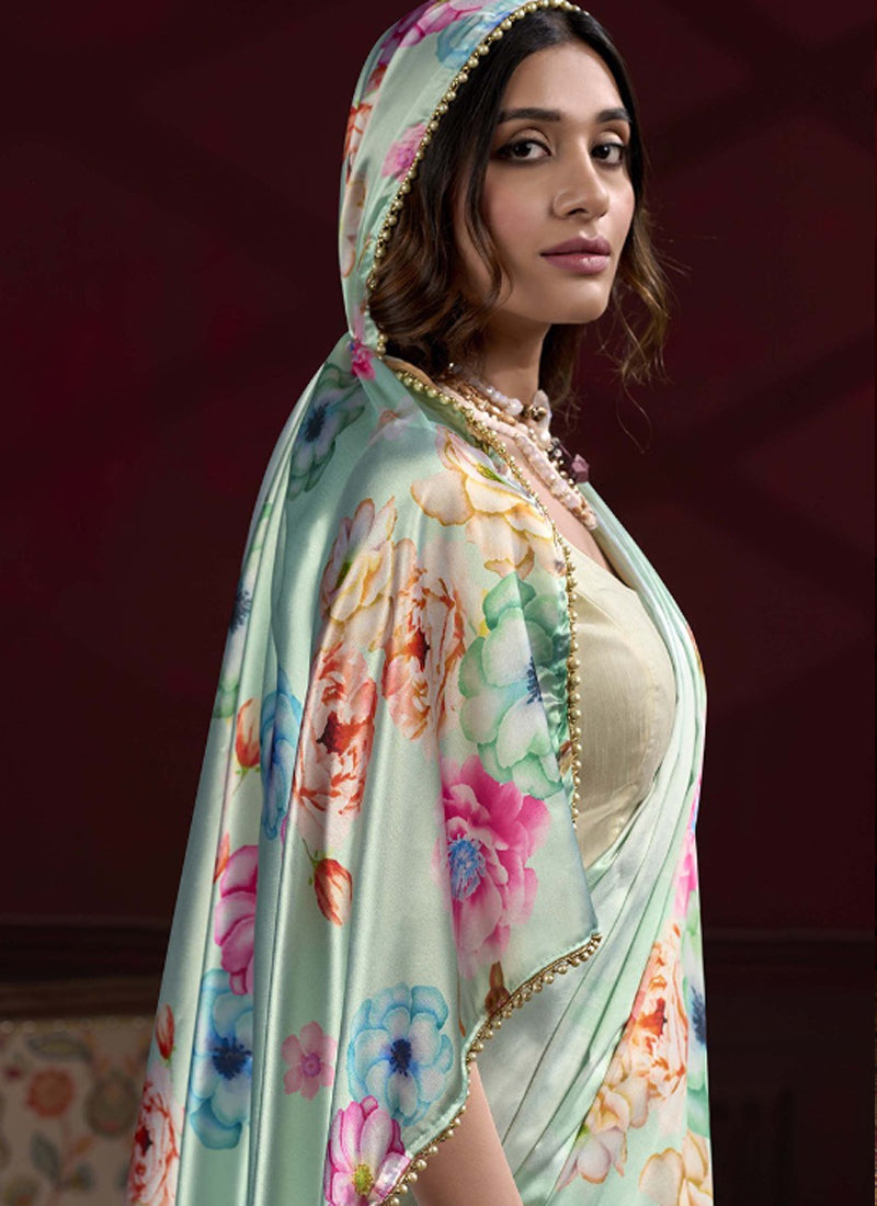 Vegaa Fashion Light Green Satin Silk Digital Printed Pearl Lace Border Work Saree - Distacart