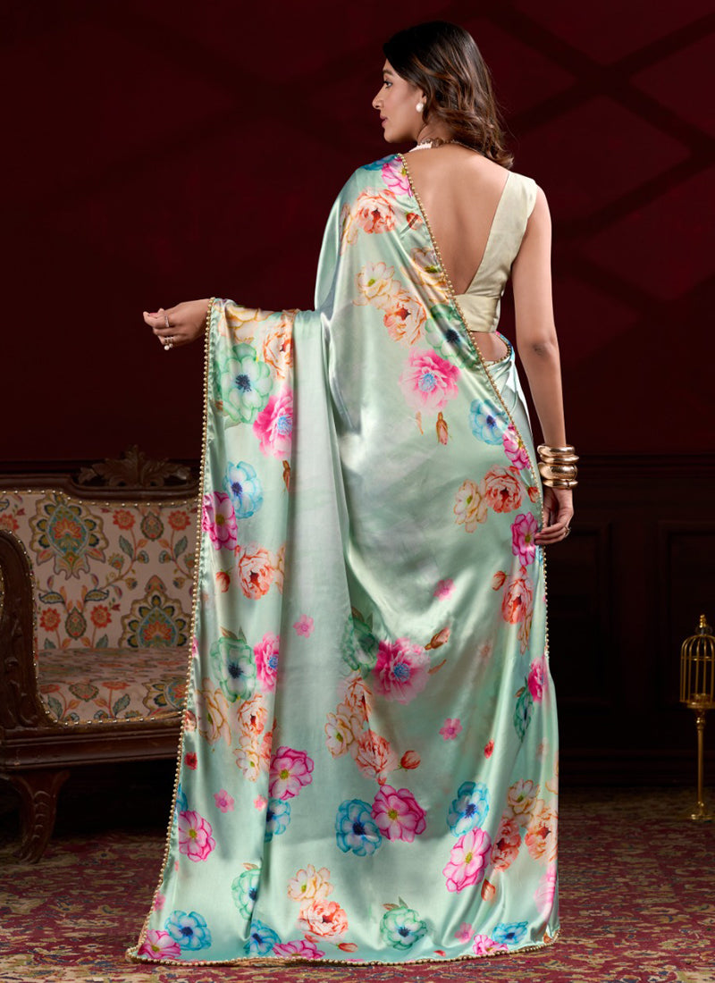Vegaa Fashion Light Green Satin Silk Digital Printed Pearl Lace Border Work Saree - Distacart