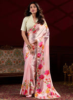 Vegaa Fashion Baby Pink Satin Silk Digital Printed Pearl Lace Border Work Saree - Distacart