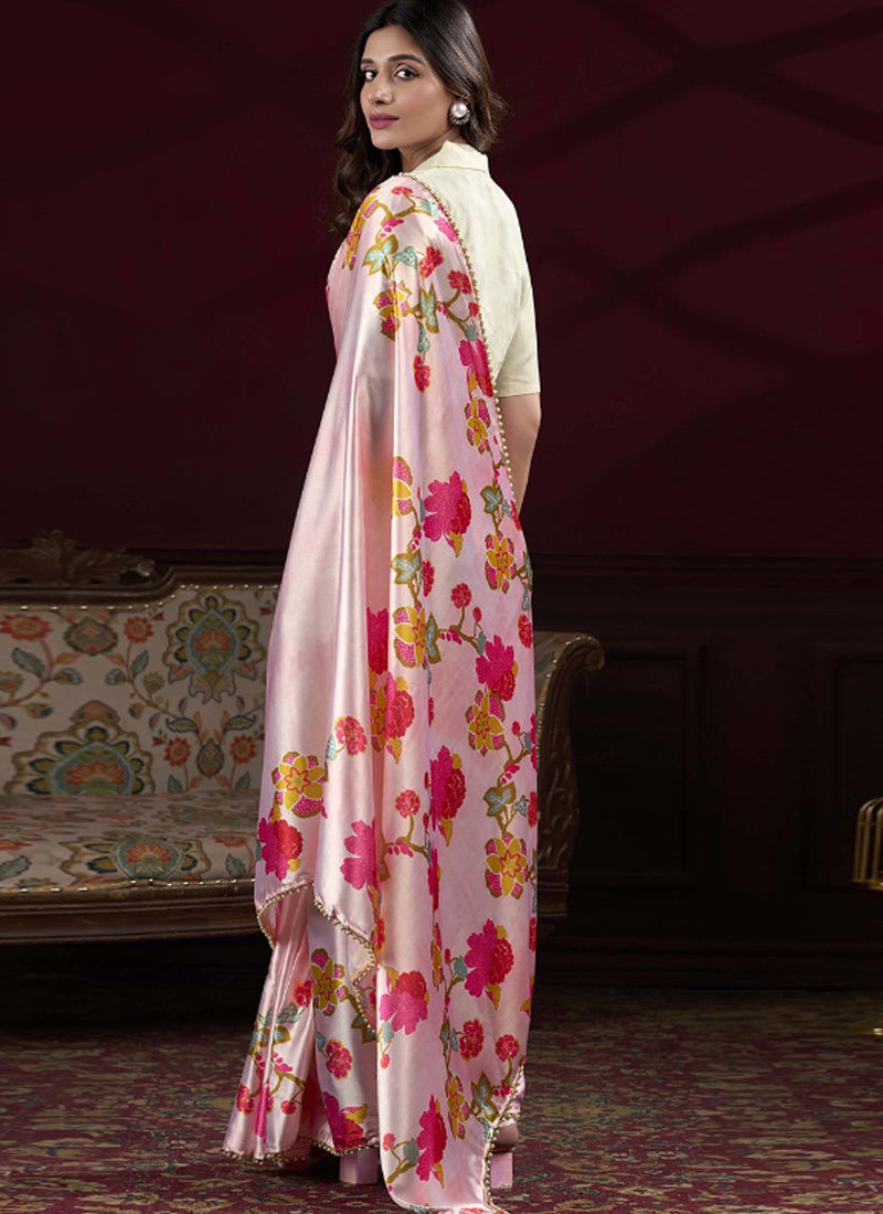 Vegaa Fashion Baby Pink Satin Silk Digital Printed Pearl Lace Border Work Saree - Distacart