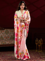 Vegaa Fashion Baby Pink Satin Silk Digital Printed Pearl Lace Border Work Saree - Distacart