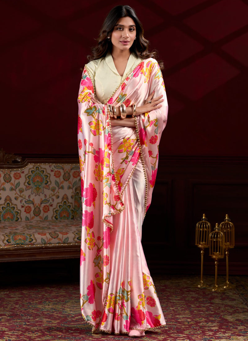 Vegaa Fashion Baby Pink Satin Silk Digital Printed Pearl Lace Border Work Saree - Distacart