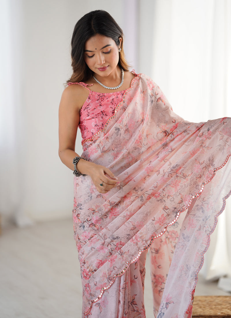 Vegaa Fashion Baby Pink Chinon Silk Print Work With Mirror Work Border Designer Saree - Distacart