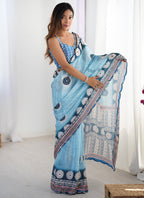 Vegaa Fashion Sky Blue Chinon Silk Print Work With Mirror Work Border Designer Saree - Distacart