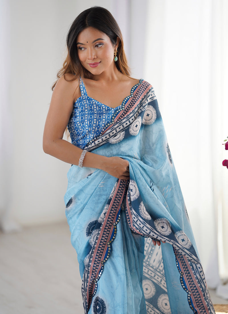Vegaa Fashion Sky Blue Chinon Silk Print Work With Mirror Work Border Designer Saree - Distacart
