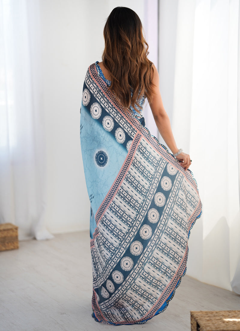 Vegaa Fashion Sky Blue Chinon Silk Print Work With Mirror Work Border Designer Saree - Distacart