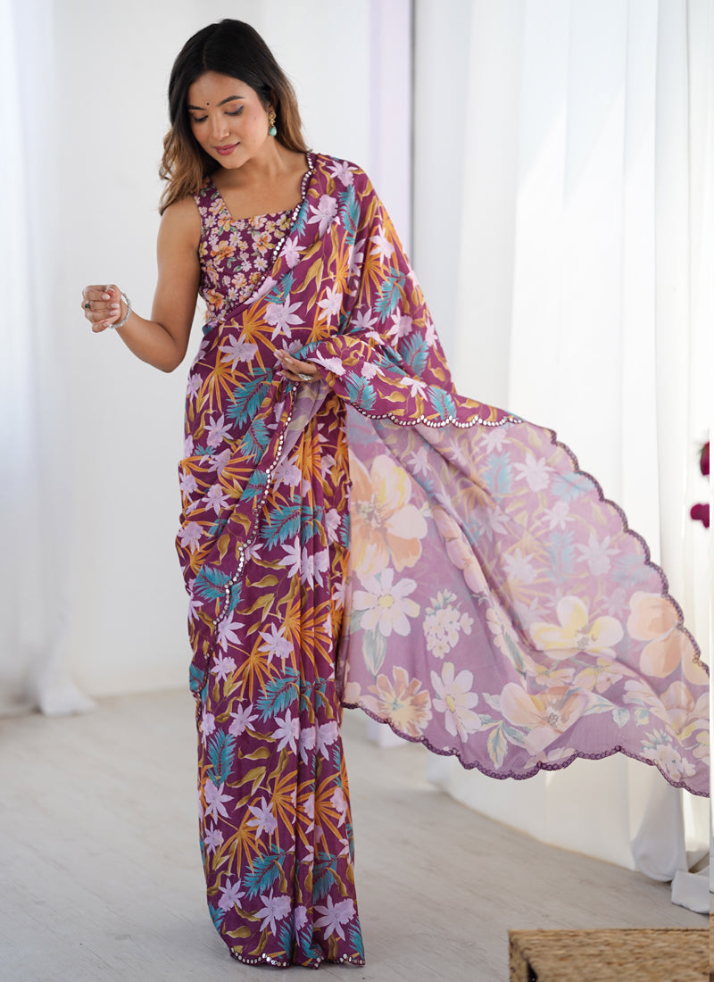 Vegaa Fashion Wine Chinon Silk Print Work With Mirror Work Border Designer Saree - Distacart