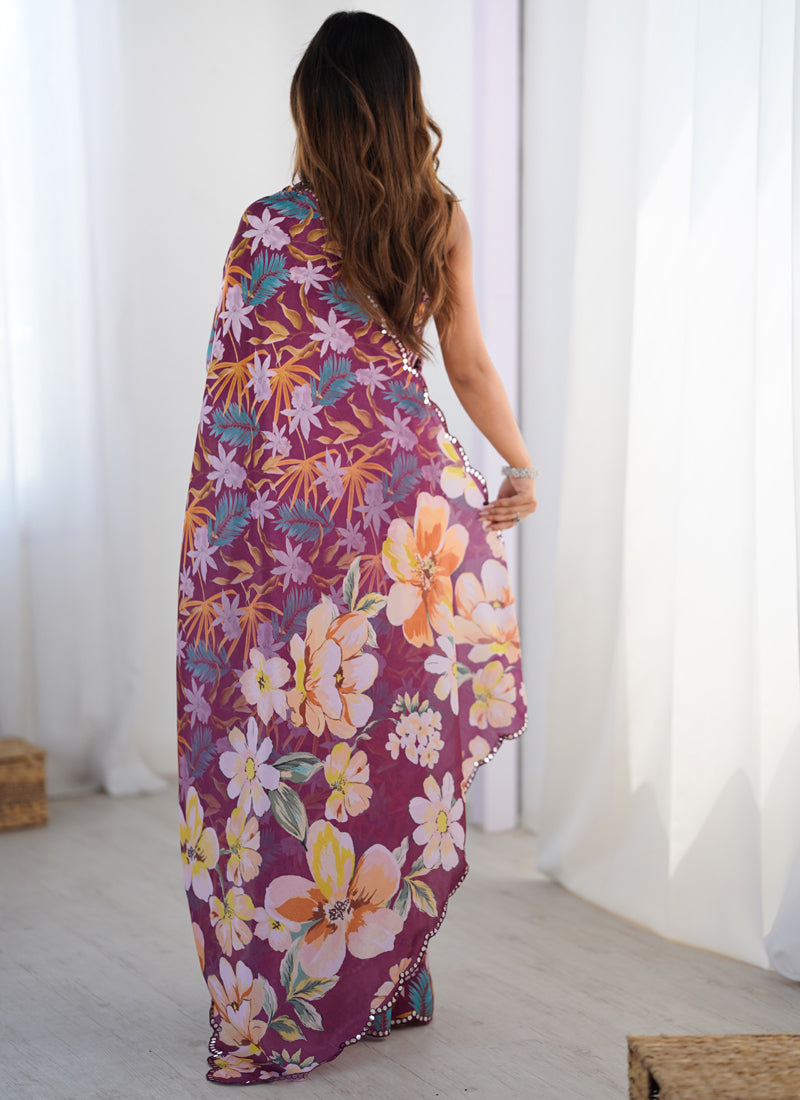 Vegaa Fashion Wine Chinon Silk Print Work With Mirror Work Border Designer Saree - Distacart