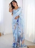 Vegaa Fashion Sky Blue Chinon Silk Print Work With Mirror Work Border Designer Saree - Distacart