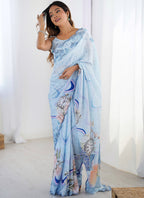 Vegaa Fashion Sky Blue Chinon Silk Print Work With Mirror Work Border Designer Saree - Distacart