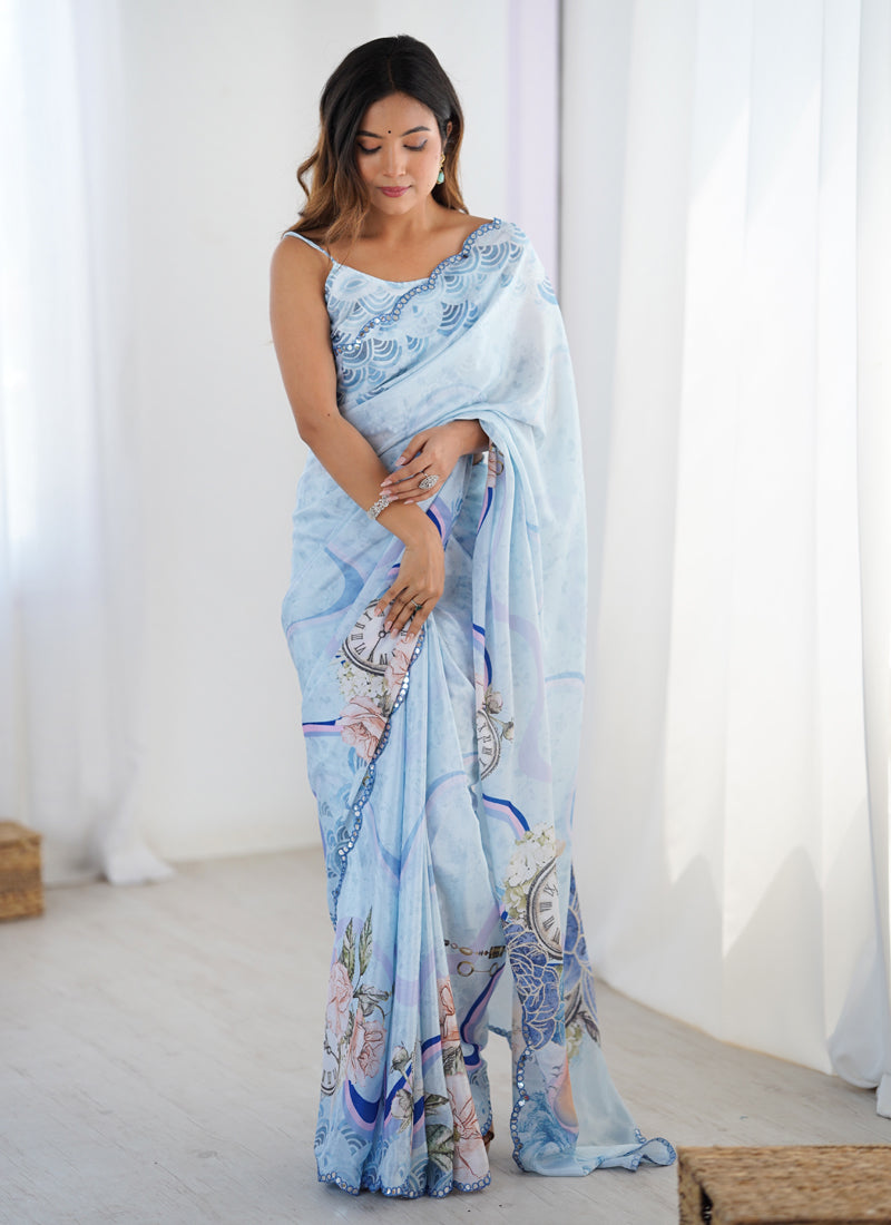 Vegaa Fashion Sky Blue Chinon Silk Print Work With Mirror Work Border Designer Saree - Distacart