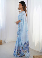 Vegaa Fashion Sky Blue Chinon Silk Print Work With Mirror Work Border Designer Saree - Distacart