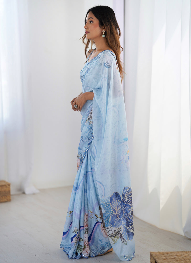 Vegaa Fashion Sky Blue Chinon Silk Print Work With Mirror Work Border Designer Saree - Distacart