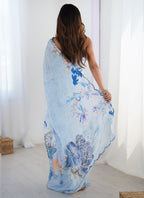 Vegaa Fashion Sky Blue Chinon Silk Print Work With Mirror Work Border Designer Saree - Distacart