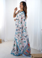 Vegaa Fashion Off White Sky Blue Chinon Silk Print Work With Mirror Work Border Designer Saree - Distacart